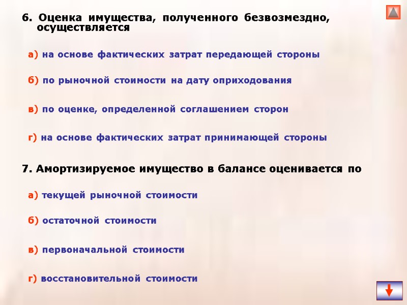 6. Оценка имущества, полученного безвозмездно, осуществляется  7. Амортизируемое имущество в балансе оценивается по